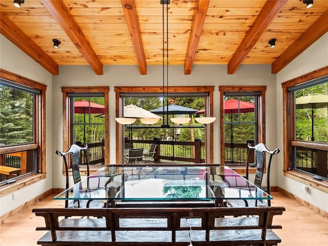 sunroom with vaulted ceiling with beams, plenty of natural light, and wooden ceiling