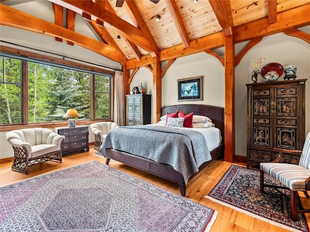 bedroom with ceiling fan, beamed ceiling, high vaulted ceiling, hardwood / wood-style floors, and wood ceiling