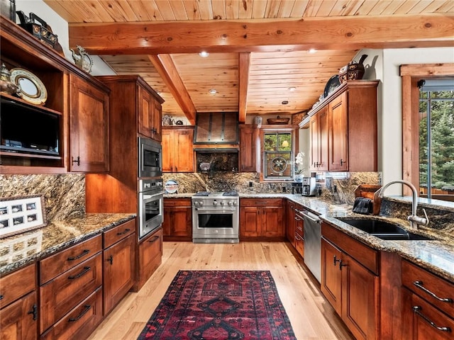 kitchen with stainless steel appliances, tasteful backsplash, dark stone countertops, and sink