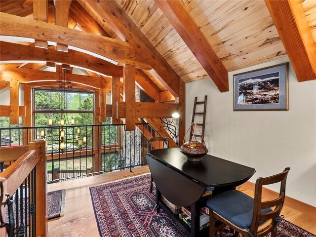 dining space with hardwood / wood-style flooring, vaulted ceiling with beams, and wood ceiling