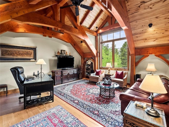 living room featuring wood-type flooring, vaulted ceiling with beams, ceiling fan, and wooden ceiling