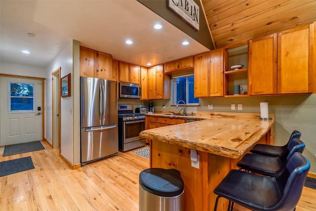 kitchen featuring wood counters, a kitchen breakfast bar, sink, kitchen peninsula, and stainless steel appliances