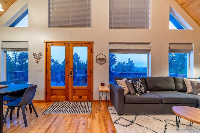 living room featuring french doors, hardwood / wood-style flooring, and high vaulted ceiling