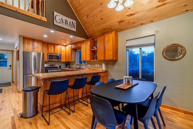 kitchen with wooden ceiling, kitchen peninsula, appliances with stainless steel finishes, and light hardwood / wood-style flooring