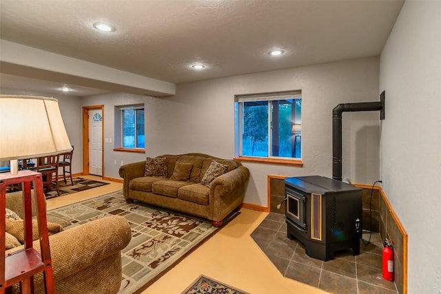 living room with a wood stove