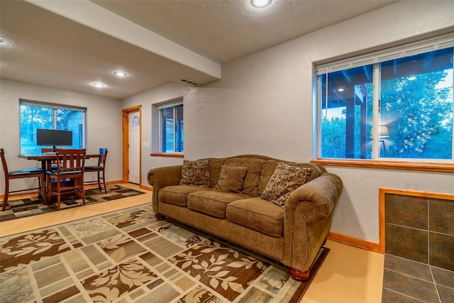 living room with a textured ceiling