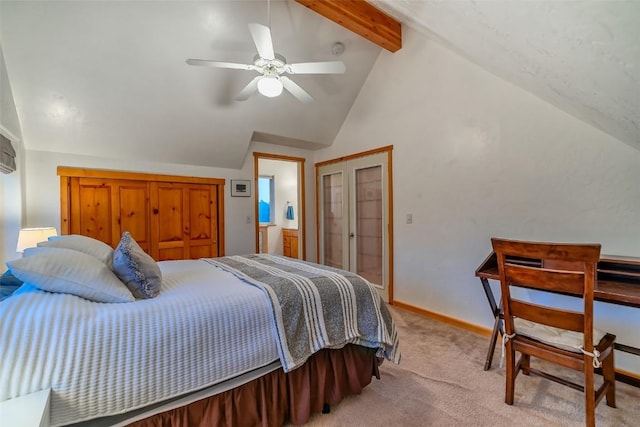 carpeted bedroom with french doors, lofted ceiling with beams, and ceiling fan