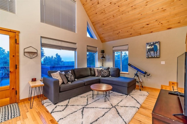 living room with high vaulted ceiling, wood ceiling, and hardwood / wood-style flooring