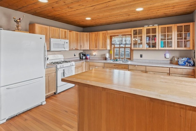 kitchen with sink, wood counters, white appliances, wood ceiling, and light wood-type flooring