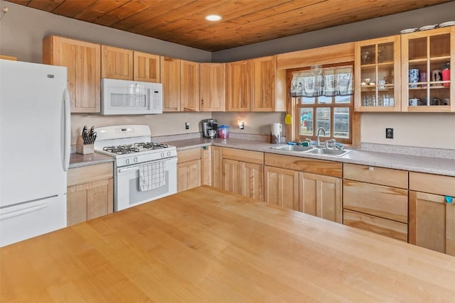 kitchen with light brown cabinets, white appliances, sink, and wood ceiling