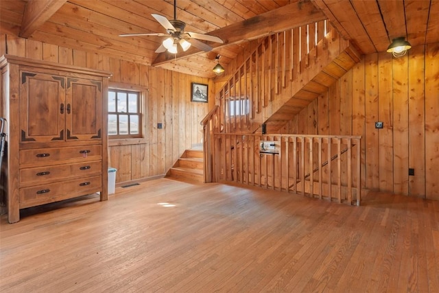 interior space featuring ceiling fan, wood walls, light wood-type flooring, and wood ceiling