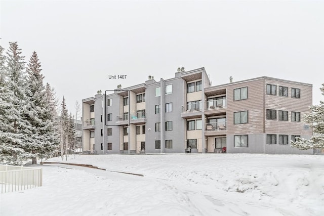 view of snow covered building