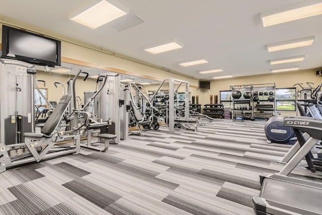 workout area with carpet flooring and a wealth of natural light