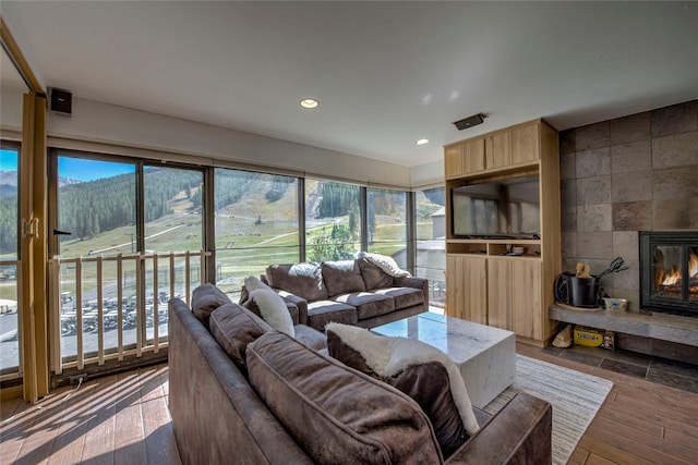 living room featuring a fireplace, a wealth of natural light, and dark wood-type flooring