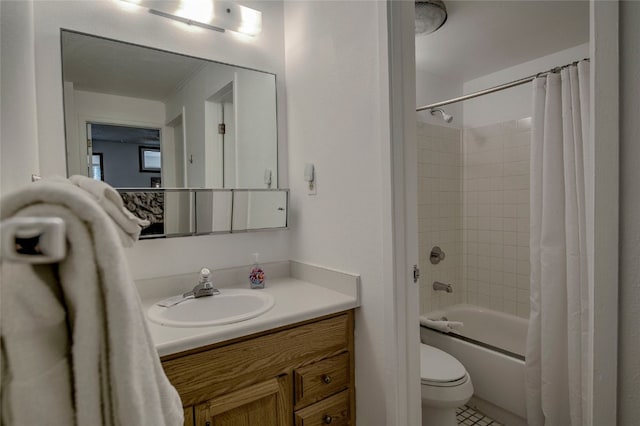 full bathroom featuring vanity, toilet, and shower / bathtub combination with curtain