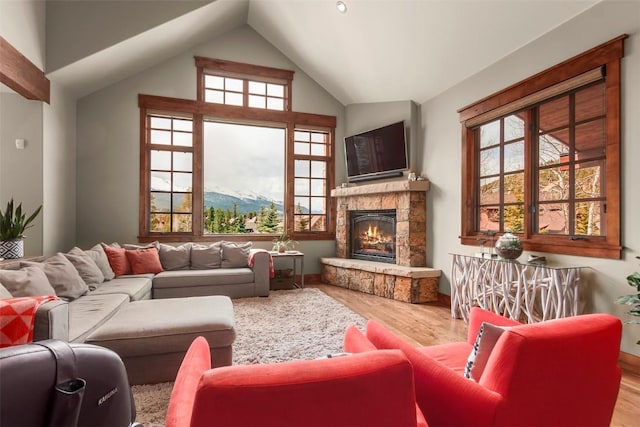 living room featuring a stone fireplace, wood-type flooring, and vaulted ceiling