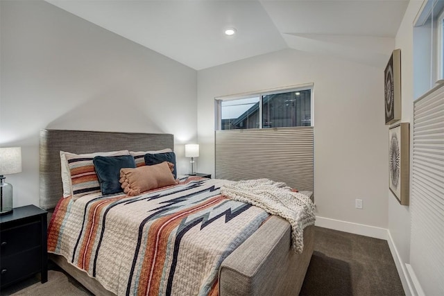 carpeted bedroom featuring recessed lighting, baseboards, and lofted ceiling