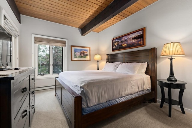 bedroom featuring baseboard heating, beamed ceiling, wood ceiling, and light colored carpet