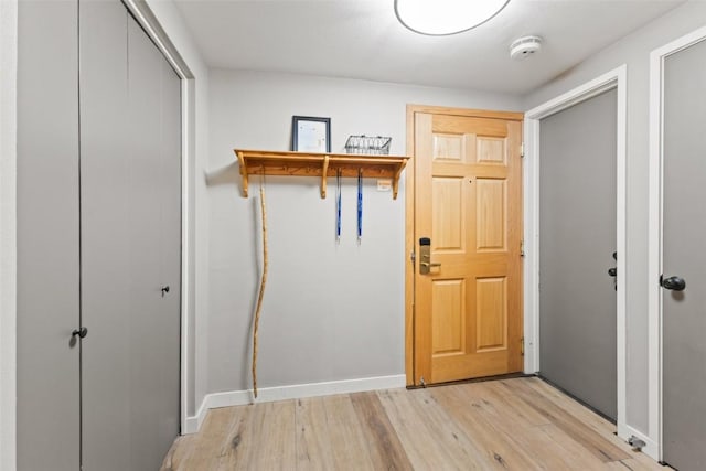 clothes washing area featuring light hardwood / wood-style flooring