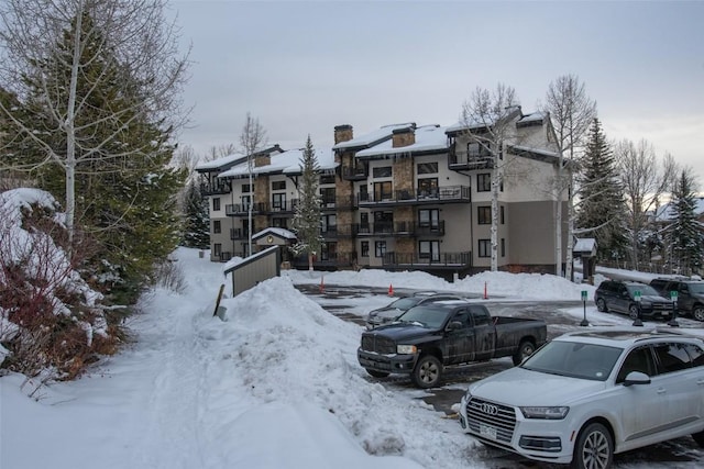 view of snow covered building