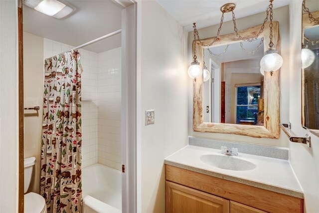 full bathroom featuring vanity, toilet, and shower / tub combo with curtain