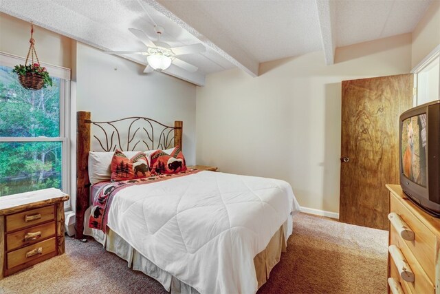 bedroom featuring beam ceiling, multiple windows, ceiling fan, and carpet floors