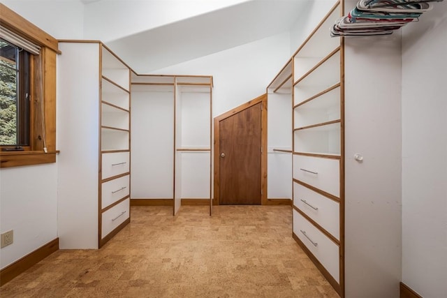 spacious closet featuring light colored carpet