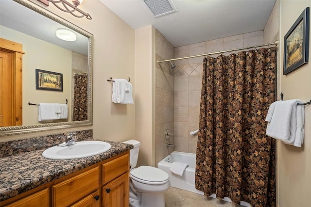 full bathroom featuring toilet, vanity, and shower / bathtub combination with curtain