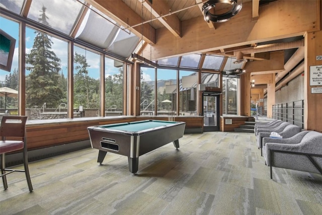 recreation room featuring lofted ceiling with beams, wooden ceiling, light carpet, and billiards