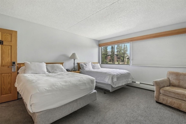 bedroom featuring a textured ceiling, a baseboard radiator, and dark carpet