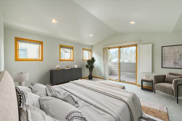 bedroom featuring baseboards, recessed lighting, access to exterior, vaulted ceiling, and carpet flooring