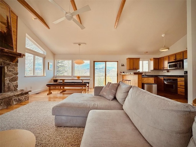 living room featuring ceiling fan, a fireplace, light hardwood / wood-style floors, and a wealth of natural light