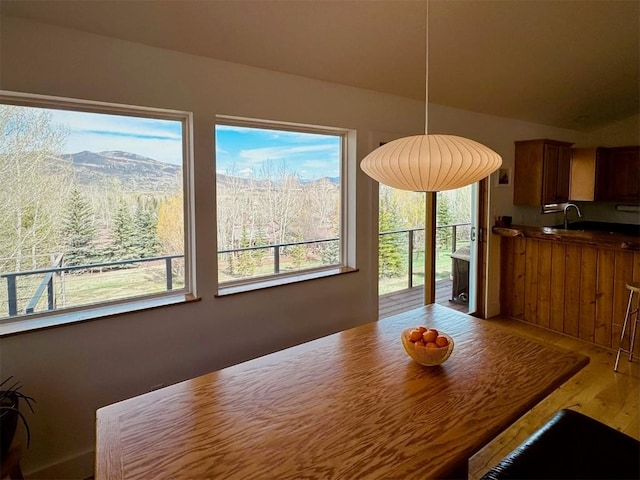 unfurnished dining area featuring hardwood / wood-style flooring, a mountain view, and sink