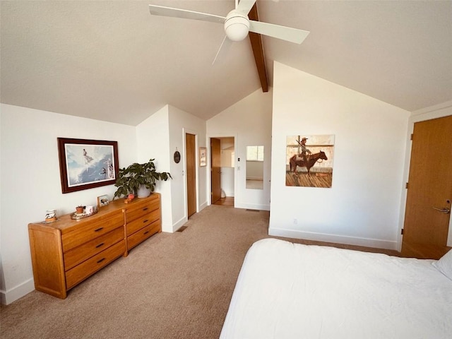 bedroom featuring lofted ceiling with beams, carpet floors, and ceiling fan