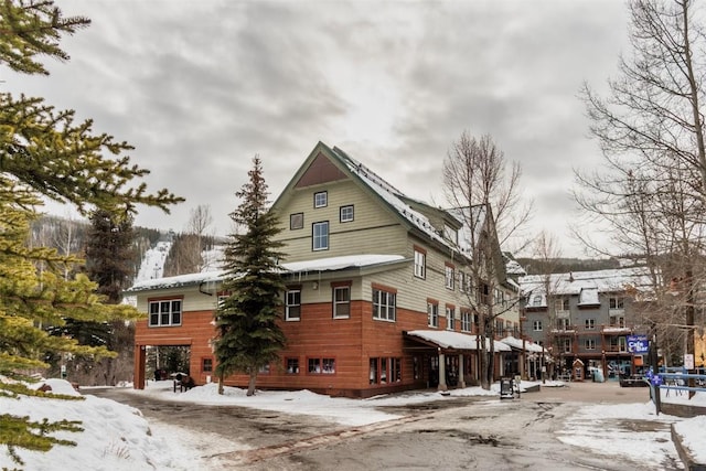 view of snow covered building