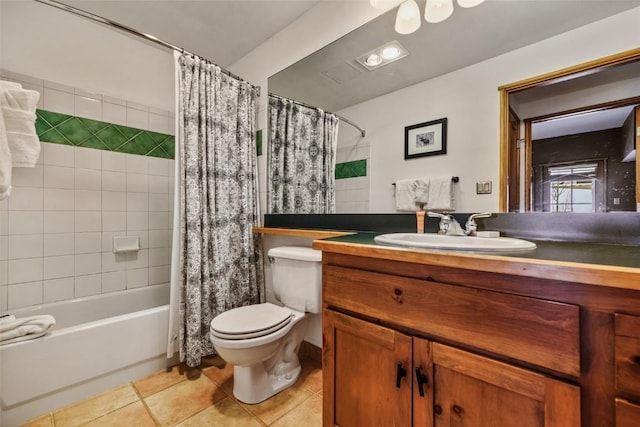 full bathroom with toilet, tile patterned flooring, shower / tub combo with curtain, and vanity