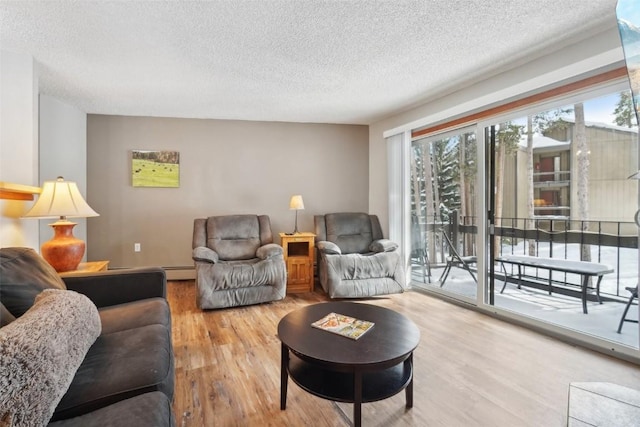 living room featuring a textured ceiling, a baseboard radiator, and wood finished floors