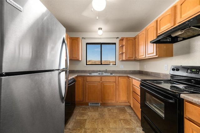 kitchen featuring visible vents, under cabinet range hood, black appliances, open shelves, and a sink