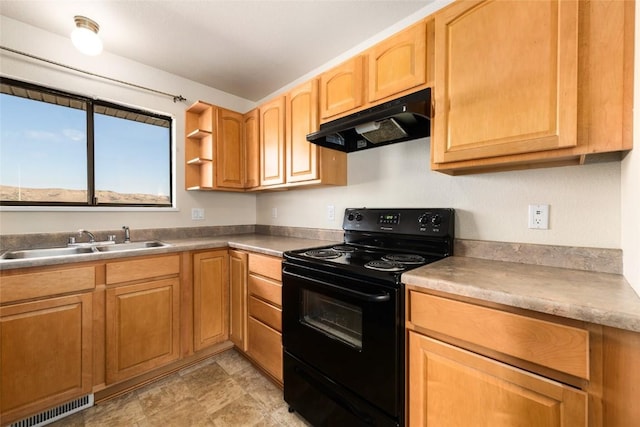 kitchen featuring open shelves, visible vents, a sink, under cabinet range hood, and black / electric stove