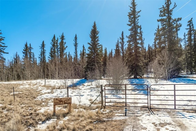 snowy yard featuring a gate and fence