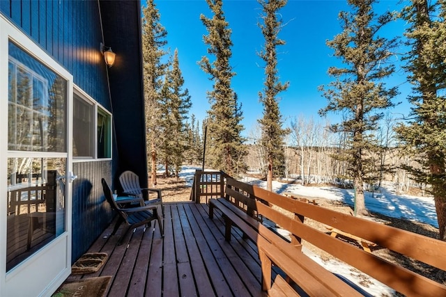 view of snow covered deck