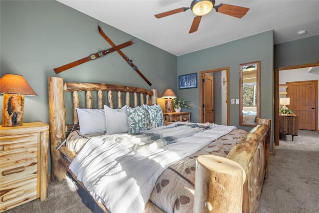 bedroom featuring a ceiling fan and light colored carpet