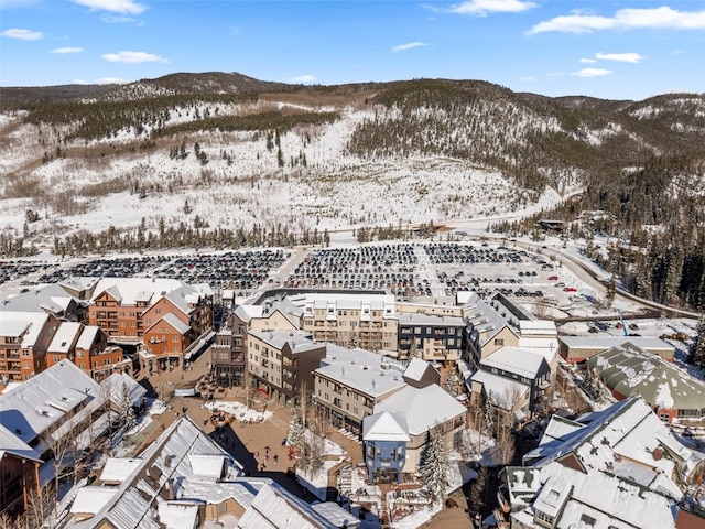 snowy aerial view with a mountain view