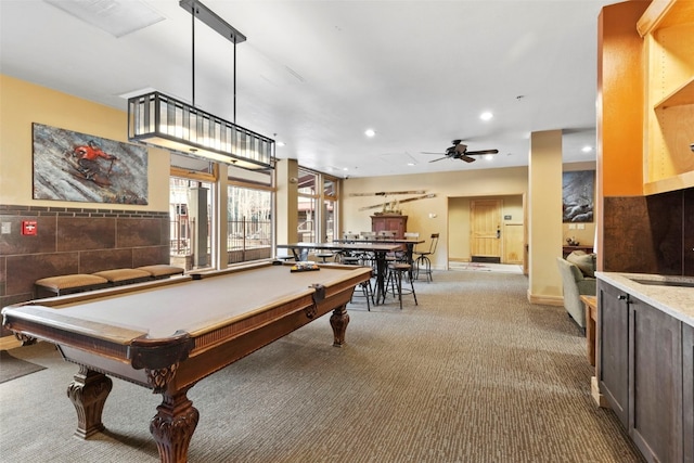 playroom with ceiling fan, recessed lighting, billiards, baseboards, and carpet