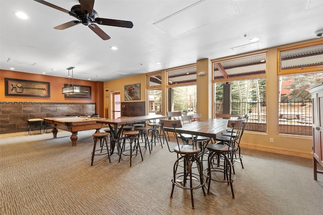 dining area with baseboards, recessed lighting, attic access, and light colored carpet