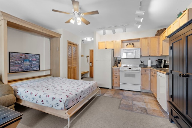 kitchen with light brown cabinets, light carpet, white appliances, a ceiling fan, and open shelves