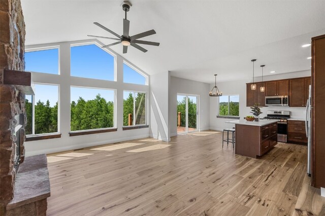 kitchen featuring decorative light fixtures, a kitchen island, light hardwood / wood-style floors, and appliances with stainless steel finishes