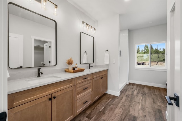 bathroom with wood-type flooring and vanity