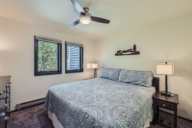 carpeted bedroom featuring ceiling fan and baseboard heating