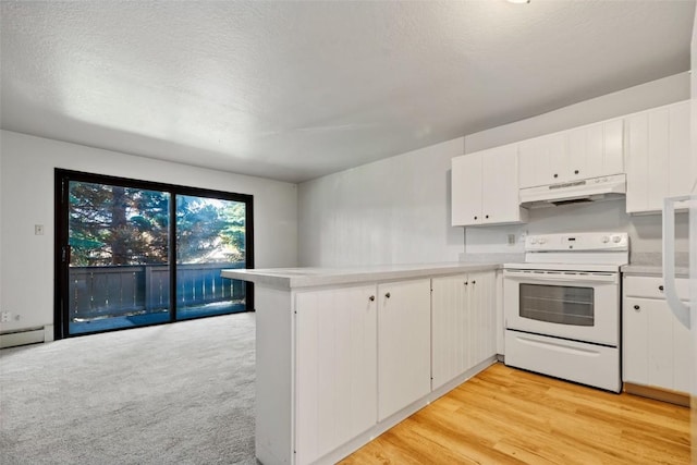 kitchen with white cabinets, white electric stove, light hardwood / wood-style flooring, a textured ceiling, and kitchen peninsula